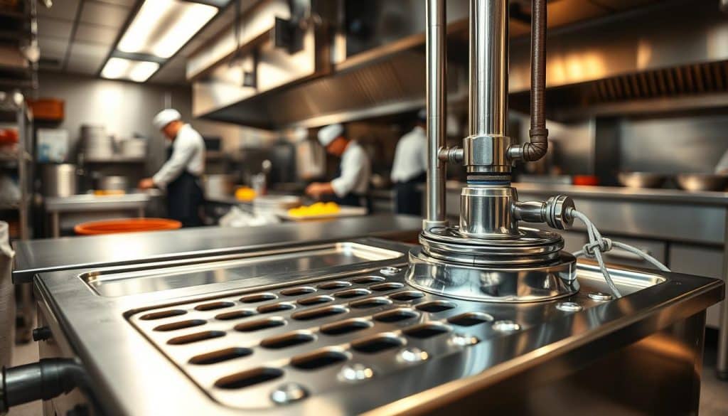 A detailed grease trap installation in a commercial kitchen. In the foreground, a stainless steel grease trap, secure and shiny, with pipes leading into it. In the middle ground, a well-organized kitchen environment featuring chefs in professional attire, working diligently. The background showcases a glimpse of a busy kitchen scene, with cooking equipment and bustling activity. Soft, industrial lighting casts a warm glow, emphasizing the metallic surfaces and reflections. Use a slightly elevated angle to capture the entire setup, creating a sense of depth. The atmosphere is professional and energetic, reflecting the importance of effective waste management in culinary spaces. No text or overlays present.
