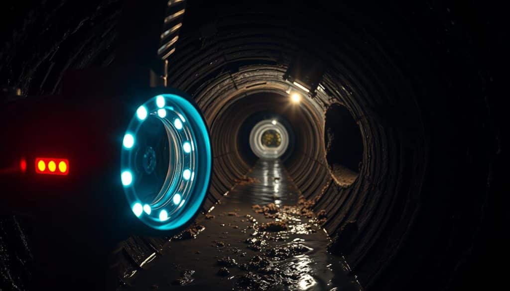 A detailed sewer line camera inspecting a dimly lit underground pipe, showcasing the camera's lens capturing vivid images of the inner pipe walls. In the foreground, the camera features a sleek, modern design with LED lights illuminating the space, reflecting off the wet surfaces. In the middle ground, various pipe issues are visible, such as tree roots intruding, corrosion, and debris buildup, representing common plumbing problems. The background consists of dark, shadowy sections of the pipe, adding depth and a slightly eerie atmosphere to the scene. The lighting is focused and contrasty, emphasizing the details of the plumbing issues being inspected. The overall mood is professional and technical, suitable for an informative article on plumbing inspections.