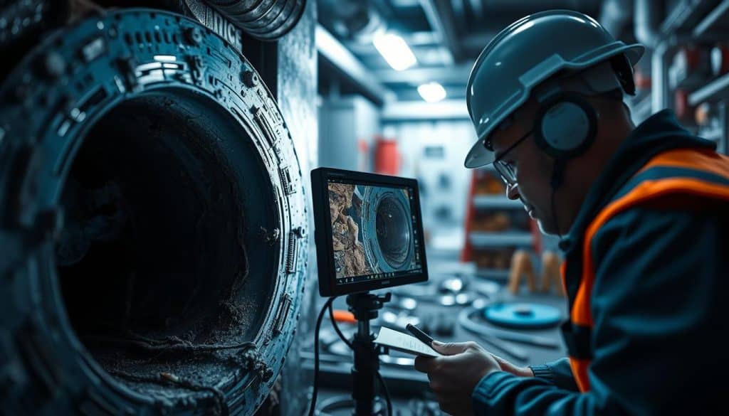 A detailed view of a sewer camera inspection scene, featuring a high-tech sewer camera poised inside a dark, damp pipe, illuminated by a soft, focused beam of light from the camera itself. The camera displays intricate circuitry and lens, capturing the intricate details of the pipe's interior—fractures, tree roots, and accumulated debris. In the foreground, a professional in a hard hat and safety vest leans over a monitor attached to the camera, taking notes and evaluating the footage. Surrounding the scene, the middle ground showcases plumbing tools and equipment organized neatly, while the background fades into a blurred, industrial environment, hinting at a plumbing facility. The mood is serious and focused, emphasizing the technical nature of the inspection, with a cool color palette of blues and greys to convey a sense of professionalism.