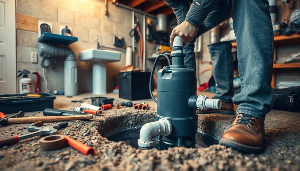 A home workshop scene depicting DIY power plumbing for a sump pump installation. In the foreground, a person wearing modest casual clothing is focused on assembling a sump pump, surrounded by various plumbing tools like a wrench, pipe fittings, and a toolbox. The middle ground features a partially installed sump pit with water visible, along with pipes that lead out to the exterior. In the background, a basement wall showcases a utility sink and some storage shelves filled with other plumbing supplies. Soft overhead lighting creates a warm and inviting atmosphere, while the angle captures a close-up view of the action, emphasizing the determination and hands-on skill involved in the DIY project.