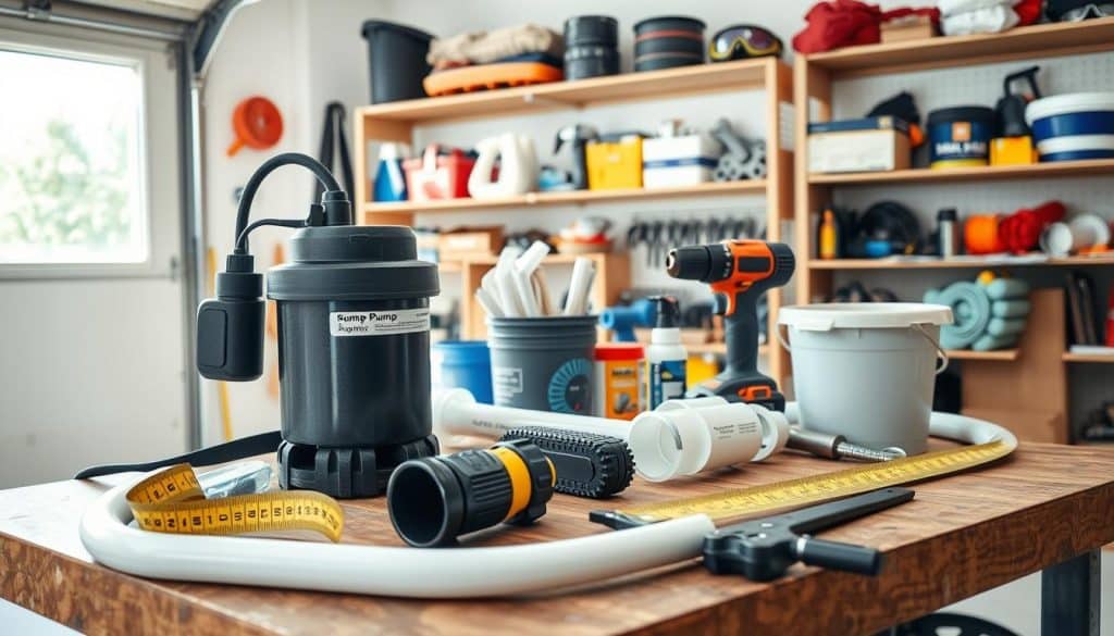 A well-organized workbench filled with essential tools for sump pump installation, including a heavy-duty sump pump, PVC piping, a measuring tape, a drill, and a wrench. The scene is set in a bright, well-lit garage environment, with natural light filtering through a window. In the foreground, the tools are arranged neatly, highlighting their technical details, showcasing a professional and clean aesthetic. In the middle, there are additional materials such as silicone sealant, a bucket, and safety goggles, emphasizing preparedness for the task. The background features storage shelves stocked with various hardware supplies, enhancing the workshop atmosphere. The overall mood is focused and industrious, inviting a sense of DIY motivation while maintaining a safe and organized workspace.