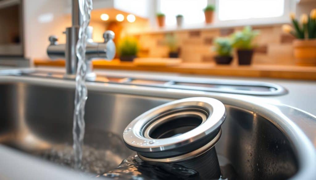 A close-up view of a kitchen sink with an elegant, modern drain showcasing a shiny, stainless steel strainer. Water is gently flowing into the drain, creating a serene atmosphere. In the background, a well-organized and clean kitchen scene is visible with warm, inviting lighting, emphasizing a sense of freshness and cleanliness. The countertop is adorned with small potted herbs, adding a touch of life to the setting. The camera angle is slightly above the sink level, focusing on the drain while allowing a glimpse of the kitchen's harmonious design. The overall mood conveys the importance of maintaining drains for smooth plumbing, suggesting both functionality and aesthetic appeal.