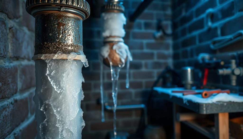 A close-up view of frozen pipes inside a dimly lit basement, showcasing icicles forming at the joints and visible frost along the metallic surfaces. In the foreground, a heavily insulated pipe with frost crystals glistening, while in the middle, another pipe is partially encased in ice, emphasizing the extreme cold. The background features bare brick walls and a cluttered workbench with plumbing tools, subtly highlighting the environment. Soft, cool lighting casts a bluish hue, enhancing the atmosphere of subzero temperatures. The scene evokes a sense of urgency and caution, illustrating potential hazards clearly, with a focus on the frozen pipes without any human subjects or text. A close-up view of frozen pipes inside a dimly lit basement, showcasing icicles forming at the joints and visible frost along the metallic surfaces. In the foreground, a heavily insulated pipe with frost crystals glistening, while in the middle, another pipe is partially encased in ice, emphasizing the extreme cold. The background features bare brick walls and a cluttered workbench with plumbing tools, subtly highlighting the environment. Soft, cool lighting casts a bluish hue, enhancing the atmosphere of subzero temperatures. The scene evokes a sense of urgency and caution, illustrating potential hazards clearly, with a focus on the frozen pipes without any human subjects or text.