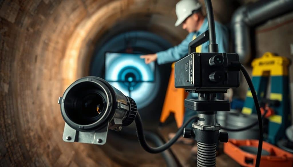 A detailed view of a sewer camera inspection process, showcasing a high-definition camera with a flexible cable being operated by a technician in professional attire. In the foreground, the camera is positioned at the entrance of a sewer line, with intricate details of the camera lens and control panel visible. In the middle ground, the technician is pointing a monitor displaying live footage of the interior of the pipe, capturing the precision of the inspection. The background features a dimly lit environment with plumbing tools and safety equipment around, emphasizing the industrial setting. Soft, focused lighting highlights the camera and technician, creating a professional and serious atmosphere, with a slight depth of field to focus attention on the inspection process. A detailed view of a sewer camera inspection process, showcasing a high-definition camera with a flexible cable being operated by a technician in professional attire. In the foreground, the camera is positioned at the entrance of a sewer line, with intricate details of the camera lens and control panel visible. In the middle ground, the technician is pointing a monitor displaying live footage of the interior of the pipe, capturing the precision of the inspection. The background features a dimly lit environment with plumbing tools and safety equipment around, emphasizing the industrial setting. Soft, focused lighting highlights the camera and technician, creating a professional and serious atmosphere, with a slight depth of field to focus attention on the inspection process.