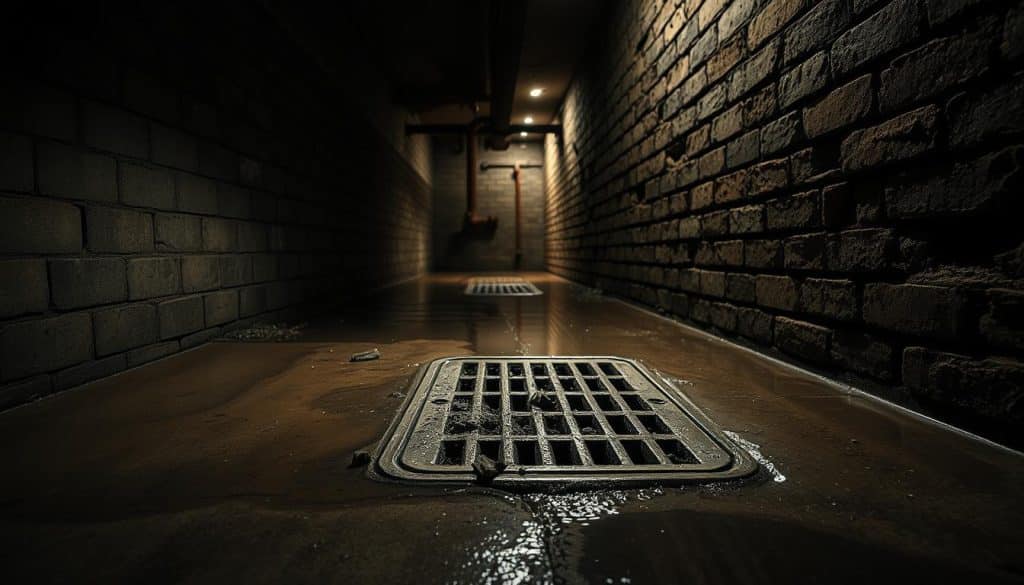 A dimly lit, underground sewer tunnel, showcasing the intricate details of the aged brick walls and damp floor. In the foreground, a subtle trickle of water can be seen pooling in various areas, reflecting the muted light. The middle area features a well-worn metal grate, partially covered in debris, emphasizing the importance of regular maintenance. Background elements include rusted pipes and faint shadows, creating an atmosphere of neglect yet hinting at potential dangers of sewage backups. The lighting is soft and moody, casting dramatic shadows that evoke a sense of urgency. The scene is captured from a low angle, evoking the viewer's awareness of height and depth within this confined space, underscoring the importance of sewage management. A dimly lit, underground sewer tunnel, showcasing the intricate details of the aged brick walls and damp floor. In the foreground, a subtle trickle of water can be seen pooling in various areas, reflecting the muted light. The middle area features a well-worn metal grate, partially covered in debris, emphasizing the importance of regular maintenance. Background elements include rusted pipes and faint shadows, creating an atmosphere of neglect yet hinting at potential dangers of sewage backups. The lighting is soft and moody, casting dramatic shadows that evoke a sense of urgency. The scene is captured from a low angle, evoking the viewer's awareness of height and depth within this confined space, underscoring the importance of sewage management.