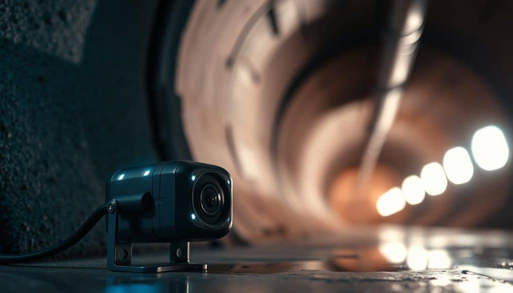 A high-resolution image of a sewer camera system designed for inspection. In the foreground, prominently display the camera, sleek and compact, with illuminated LEDs and a flexible cable extending from it. The middle ground features a partially visible sewer pipe, showing intricate details of the texture and lighting that creates a sense of depth. In the background, a dark, damp sewer environment, illuminated by soft, diffused light to convey a moody atmosphere. The angle should be slightly tilted to emphasize the camera's view into the pipe, enhancing the investigative nature of the scene. Ensure the overall composition looks technical and professional, suitable for an informative context. No text or distractions in the image. A high-resolution image of a sewer camera system designed for inspection. In the foreground, prominently display the camera, sleek and compact, with illuminated LEDs and a flexible cable extending from it. The middle ground features a partially visible sewer pipe, showing intricate details of the texture and lighting that creates a sense of depth. In the background, a dark, damp sewer environment, illuminated by soft, diffused light to convey a moody atmosphere. The angle should be slightly tilted to emphasize the camera's view into the pipe, enhancing the investigative nature of the scene. Ensure the overall composition looks technical and professional, suitable for an informative context. No text or distractions in the image.