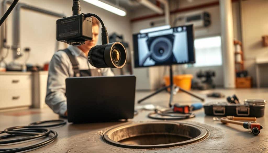 A modern video recording service setup for drain camera inspections, prominently featuring a high-definition camera on a flexible cable, positioned over an open drain. In the foreground, an experienced technician in professional attire is attentively looking at a monitor displaying real-time footage of the inside of a drain. The middle ground showcases the tools and equipment typical for drain inspections, including a portable laptop, various cables, and a toolkit. In the background, a clean, well-lit plumbing workshop emphasizes professionalism and efficiency. Warm, natural lighting creates a welcoming atmosphere, while a shallow depth of field focuses on the technician and monitor, subtly blurring the background elements to keep the viewer’s attention on the inspection process. A modern video recording service setup for drain camera inspections, prominently featuring a high-definition camera on a flexible cable, positioned over an open drain. In the foreground, an experienced technician in professional attire is attentively looking at a monitor displaying real-time footage of the inside of a drain. The middle ground showcases the tools and equipment typical for drain inspections, including a portable laptop, various cables, and a toolkit. In the background, a clean, well-lit plumbing workshop emphasizes professionalism and efficiency. Warm, natural lighting creates a welcoming atmosphere, while a shallow depth of field focuses on the technician and monitor, subtly blurring the background elements to keep the viewer’s attention on the inspection process.