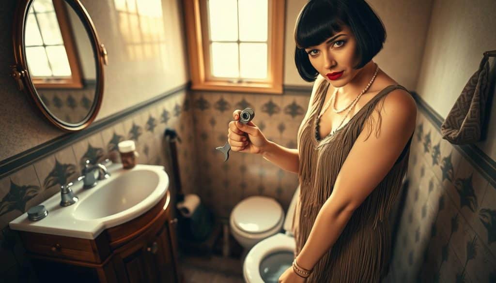 A stylish flapper woman from the 1920s stands confidently in a vintage bathroom, showcasing her chic outfit with a fringed dress and bobbed hair. In the foreground, she examines a running toilet with a wrench in her hand, embodying a DIY spirit. The middle ground includes classic plumbing tools neatly arranged on a wooden vanity and a vintage mirror reflecting the woman's focus. The background features art deco tiles and a window with soft, natural light streaming in, creating a warm and inviting atmosphere. The scene captures a sense of empowerment and nostalgia, highlighting the flapper’s resourcefulness in fixing common household issues. The angle is slightly above eye level, giving an overview of her engaging with the task. A stylish flapper woman from the 1920s stands confidently in a vintage bathroom, showcasing her chic outfit with a fringed dress and bobbed hair. In the foreground, she examines a running toilet with a wrench in her hand, embodying a DIY spirit. The middle ground includes classic plumbing tools neatly arranged on a wooden vanity and a vintage mirror reflecting the woman's focus. The background features art deco tiles and a window with soft, natural light streaming in, creating a warm and inviting atmosphere. The scene captures a sense of empowerment and nostalgia, highlighting the flapper’s resourcefulness in fixing common household issues. The angle is slightly above eye level, giving an overview of her engaging with the task.