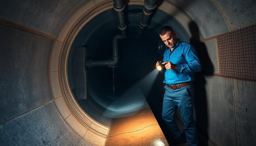 A detailed underground sewer line scene, showcasing a large, circular pipe and drain with a glistening surface reflecting dim light. In the foreground, a professional plumber in a blue shirt and dark pants inspects a section of the sewer line, holding a flashlight that casts a warm glow. The middle ground features pipes and connectors, with some water flowing through, suggesting a recent cleaning process. The background displays textured concrete walls covered in grime, with subtle shadows adding depth to the environment. The atmosphere feels serious yet industrious, highlighting the importance of proper maintenance and cleanliness in commercial plumbing. The lighting is moody, emphasizing the complexity of the sewer system. A detailed underground sewer line scene, showcasing a large, circular pipe and drain with a glistening surface reflecting dim light. In the foreground, a professional plumber in a blue shirt and dark pants inspects a section of the sewer line, holding a flashlight that casts a warm glow. The middle ground features pipes and connectors, with some water flowing through, suggesting a recent cleaning process. The background displays textured concrete walls covered in grime, with subtle shadows adding depth to the environment. The atmosphere feels serious yet industrious, highlighting the importance of proper maintenance and cleanliness in commercial plumbing. The lighting is moody, emphasizing the complexity of the sewer system.