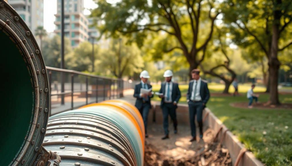 A serene urban environment showcasing the contrast between traditional sewer pipes and innovative relining materials. The foreground features a close-up of a segment of a modern relined pipe, vibrant with eco-friendly colors, showcasing texture and material nuances. In the middle, a clean, efficient construction site of professionals in modest business attire, discussing plans, symbolizes community involvement. The background offers a green park with trees and families enjoying the outdoors, illustrating the positive environmental impact of choosing relining. The lighting is warm and natural, suggesting a hopeful atmosphere, while the angle is slightly elevated to capture the scope of the project and its surroundings, emphasizing harmony between infrastructure and nature. A serene urban environment showcasing the contrast between traditional sewer pipes and innovative relining materials. The foreground features a close-up of a segment of a modern relined pipe, vibrant with eco-friendly colors, showcasing texture and material nuances. In the middle, a clean, efficient construction site of professionals in modest business attire, discussing plans, symbolizes community involvement. The background offers a green park with trees and families enjoying the outdoors, illustrating the positive environmental impact of choosing relining. The lighting is warm and natural, suggesting a hopeful atmosphere, while the angle is slightly elevated to capture the scope of the project and its surroundings, emphasizing harmony between infrastructure and nature.