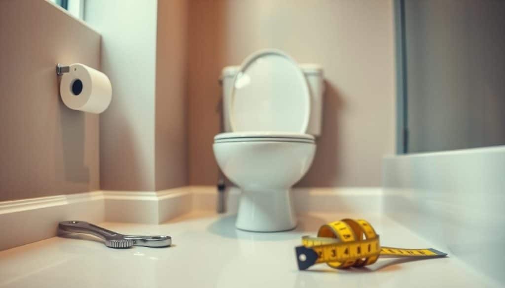 A close-up view of a toilet in a bathroom setting, showcasing the flush mechanism. The foreground includes a shiny chrome toilet handle positioned prominently, with water cascading down into the bowl, creating a dynamic splash effect. In the middle, the toilet’s white ceramic body contrasts against a backdrop of warm, neutral-toned tiles and a subtle hint of a well-maintained bathroom environment. Natural light filters in from a small window, casting soft shadows that enhance the details of the plumbing. The overall mood is both informative and engaging, encouraging viewers to consider the inner workings of toilet mechanics as they visualize potential fixes for a malfunctioning flush. A clean, contemporary bathroom featuring a pristine white toilet as the focal point, positioned against a subtle pastel wall. In the foreground, include neatly arranged plumbing tools such as a wrench and tape measure, symbolizing a professional installation. The middle section showcases the toilet itself, with gleaming porcelain and modern design elements, while in the background, a soft-focus view of a family-owned plumbing company’s logo can be subtly integrated on a wall. The scene is illuminated with warm, soft lighting that creates an inviting and trustworthy atmosphere, capturing the essence of professional installation. The image is taken from a slightly angled perspective to add depth, highlighting the toilet’s placement in the well-organized bathroom space, emphasizing cleanliness and reliability without any human presence.