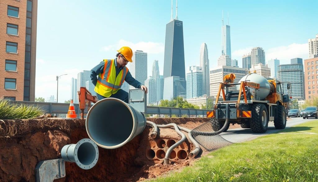 A detailed view of a sewer repair scene featuring two contrasting methods: traditional excavation and trenchless technology. In the foreground, an engineer in professional attire studies a sewer line diagram, with tools scattered nearby. In the middle ground, the excavation method is shown, with heavy machinery, workers in safety gear digging a trench, surrounded by mud and soil. On the opposite side, depict a trenchless setup with a sleek, modern machine inserting a new pipe into existing lines with minimal disruption to the surface. The background features a cityscape with residential homes, emphasizing the property aspect. Natural daylight casts dynamic shadows, creating a realistic atmosphere. Capture the contrast between the two methods while conveying a sense of professionalism and innovation in sewer repair. A detailed illustration of trenchless sewer repair methods in an urban setting. In the foreground, depict a skilled technician wearing safety gear, operating a specialized trenchless installation machine. Show the machine with visible pipes being inserted underground. In the middle ground, illustrate a clean, unobtrusive excavation site with minimal disruption to the surrounding area—perhaps a street or grassy patch. The background should feature Chicago’s iconic skyline, with a clear blue sky to add contrast. Use natural sunlight to create soft shadows that suggest a bright, efficient workday atmosphere. The overall mood should convey professionalism and advanced technology in sewer repair. - What is the difference between traditional and trenchless sewer line repair?