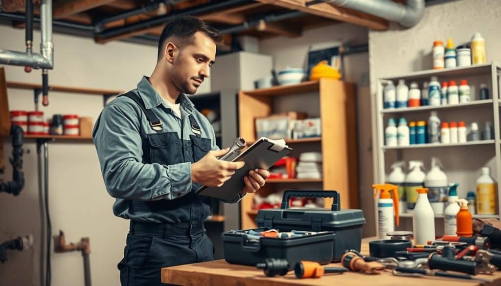 A detailed plumbing maintenance scene in a well-lit residential basement. In the foreground, a skilled plumber in a professional uniform carefully inspects a set of pipes, using a wrench and clipboard to note any issues. The plumber is focused and confident, with a look of expertise. In the middle ground, various plumbing tools and a toolbox are neatly arranged on a workbench, emphasizing organization and preparedness. In the background, shelves lined with plumbing supplies like sealants, fittings, and cleaning solutions create a sense of depth. Soft, warm lighting casts gentle shadows, conveying a professional and trustworthy atmosphere. The image highlights the importance of regular plumbing maintenance to prevent issues, effectively illustrating proactive technical care. - plumbing services cost