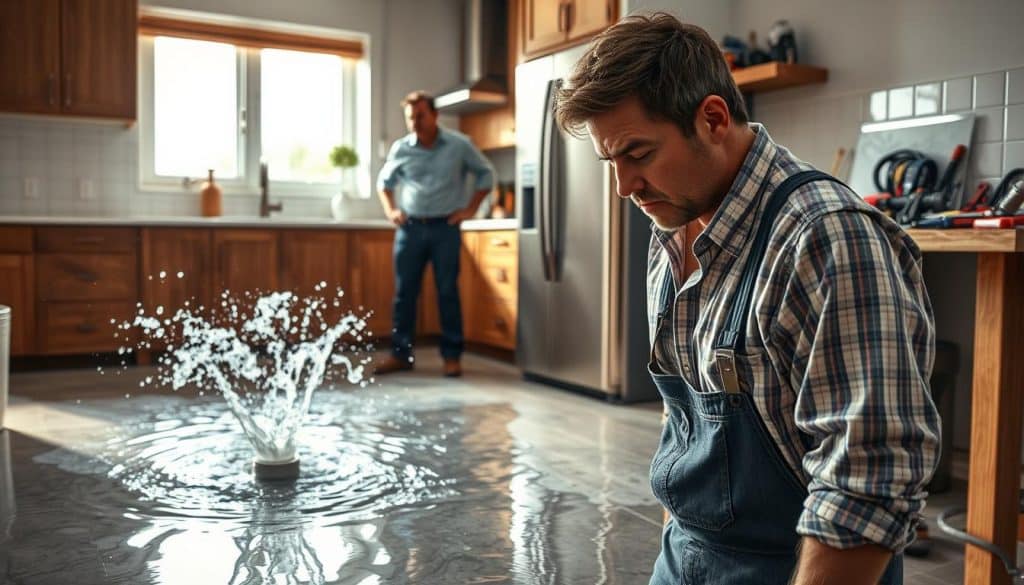 A detailed scene depicting a residential plumbing emergency in a modern kitchen. In the foreground, a distressed homeowner wearing professional attire is looking at a flooded floor, their expression reflecting confusion and concern. The middle ground shows a broken pipe spewing water, creating chaos but avoiding any overflow onto the ceiling or walls. In the background, an assortment of plumbing tools is neatly organized on a countertop, hinting at maintenance attempts. The lighting is bright and natural, illuminating the kitchen and casting realistic shadows. The atmosphere conveys urgency, yet is informative and focused, emphasizing caution and what actions to avoid during such emergencies. Capture the essence of chaos while maintaining a sense of professionalism and clarity. - what is considered a plumbing emergency
