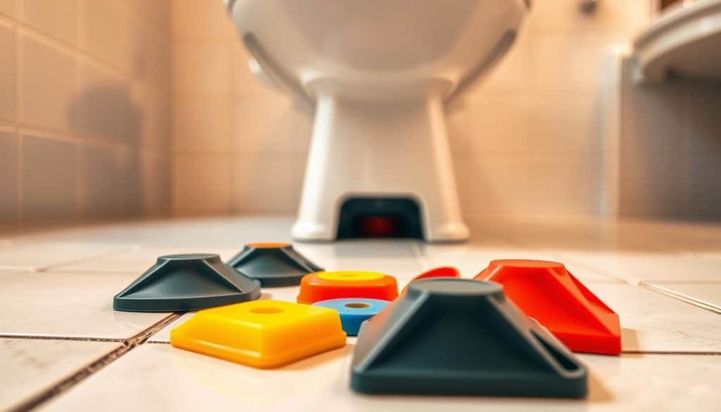 A vibrant scene showcasing a Green Gobbler drain cleaner bottle prominently displayed in the foreground. The bottle is bright green with a glossy finish, featuring eco-friendly labels and a sleek design. Surround the bottle with visual elements suggesting cleanliness and safety, like sparkling water droplets and fresh leaves to signify its environmentally friendly nature. In the middle ground, there are toilet accessories such as a plunger and brush elegantly arranged, creating a tidy bathroom atmosphere. The background consists of a softly blurred bathroom setting with neutral tones and natural light filtering through a window, casting gentle shadows. The mood is fresh, clean, and inviting, emphasizing safety and efficacy in toilet cleaning. A close-up view of various toilet shims arranged artistically on a clean, tiled bathroom surface. The shims should be different colors, showcasing their plastic and rubber materials, emphasizing their function in stabilizing a toilet. In the foreground, a few shims are tilted to reveal their angled edges. The middle ground features a standard toilet with visible shims tucked under its base, demonstrating their application. In the background, softly blurred bathroom fixtures, such as a sink and mirror, create a tidy and professional atmosphere. The lighting is warm and bright, mimicking natural daylight, to enhance the clarity of the materials. The overall mood is practical and informative, focusing on the solution to the wobbling toilet issue. - what drain cleaner is safe for toilets
