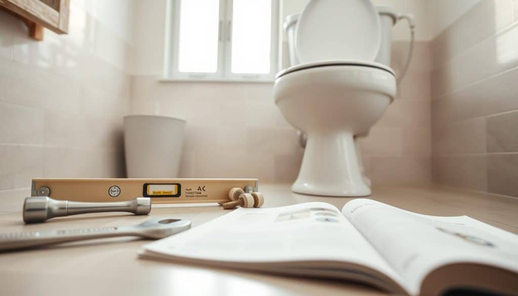 A skilled plumber working diligently in a well-lit bathroom, showcasing the installation of a new toilet. In the foreground, the plumber is a middle-aged man wearing a professional blue shirt and tool belt, kneeling beside the toilet. He is focused intently on connecting the plumbing, with an array of tools neatly arranged around him. The middle ground features a modern, clean bathroom with tiled walls and a bright window allowing natural light to filter in, illuminating the scene. In the background, various plumbing supplies and a bucket hint at the ongoing work. The atmosphere is professional and purposeful, with soft, warm lighting to enhance the welcoming feel of the space. What’s the best way to stop my toilet from wobbling? - how much does a plumber charge to install a toilet