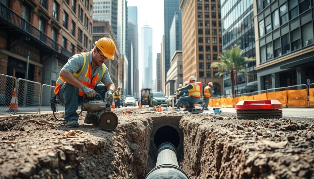 A visually informative illustration representing average sewer line repair and replacement costs in the United States, set in a mid-urban environment in Chicago. In the foreground, a neatly arranged collection of plumbing tools, statistics, and repair cost charts are displayed, emphasizing a professional atmosphere. The middle ground features a partially excavated sewer line with a plumbing professional in business attire examining it, focusing on safety and precision. In the background, iconic Chicago architecture and a clear blue sky add context to the locality. Natural daylight illuminates the scene with a balanced soft light, creating a sense of clarity and professionalism. The mood is analytical yet approachable, making this image suitable for educational content. sewer line repair and replacement - sewer line repair cost